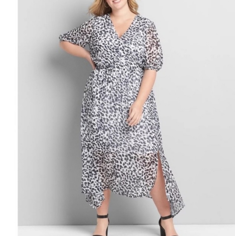 Lane Bryant Black‎ & White Maxi Dress Brushstroke Crossover Hi Low Size 28